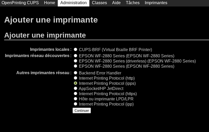 Page « Ajouter une imprimante » : choix de l'option Internet Printing Protocol (ipps)