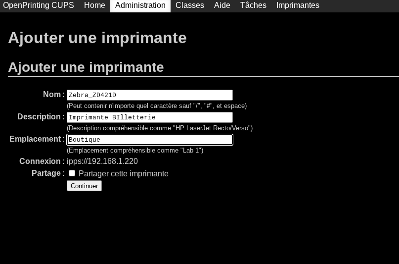 Saisie du nom, de la description et de l'emplacement de la file d'impression
