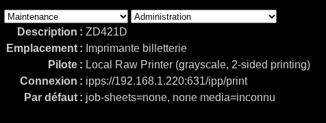 Récapitulatif de l'imprimante : pilote Local Raw Printer et connexion ipps complète