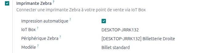 Section Imprimante Zebra renseignée dans la configuration du point de vente