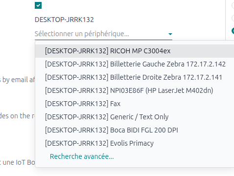 Choix du périphérique Zebra parmi les imprimantes de la box