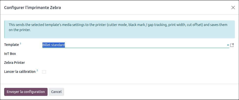 Fenêtre Configurer l'imprimante Zebra avec la calibration