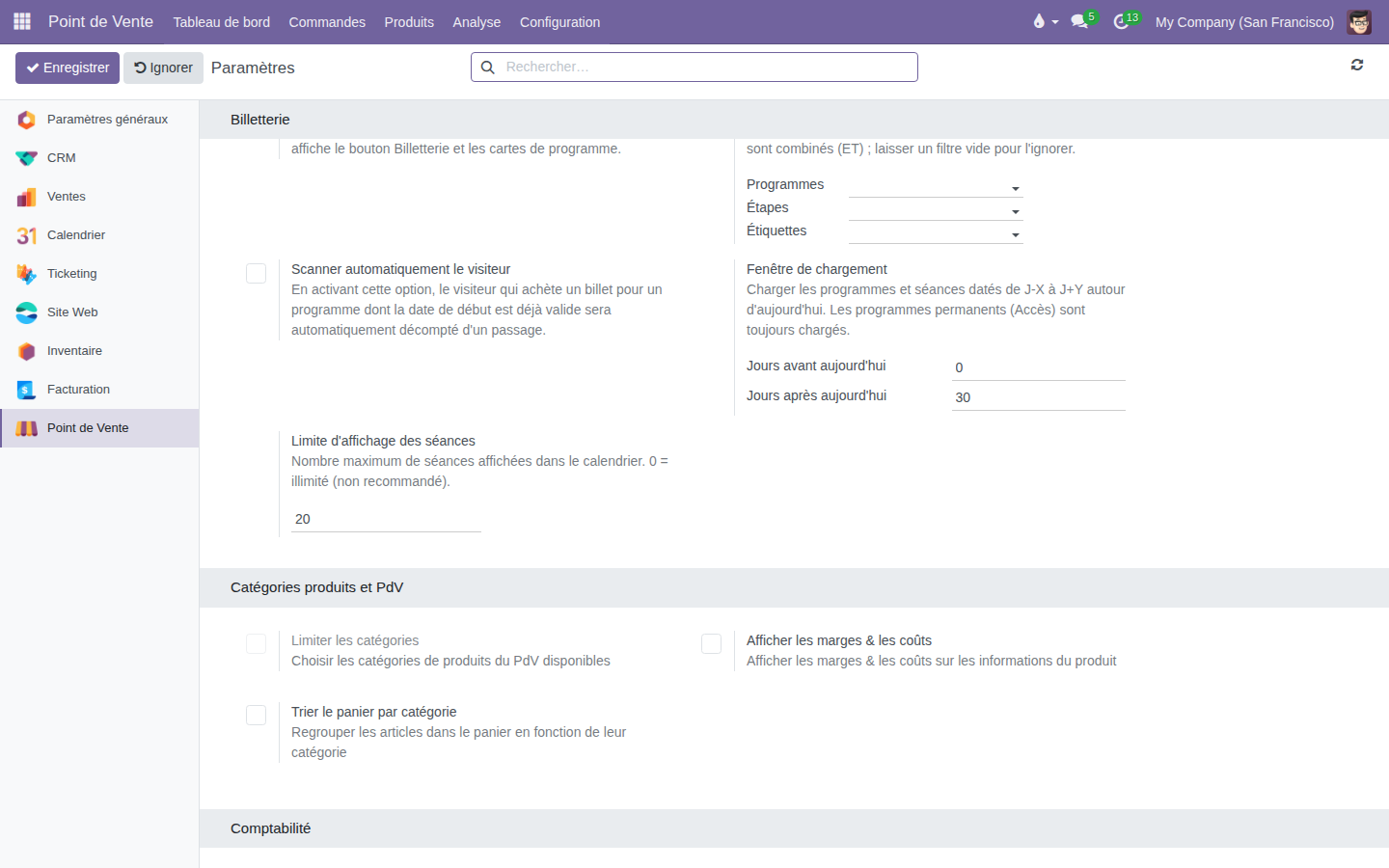 Paramètres de la section Billetterie — fenêtre de chargement et limite des séances