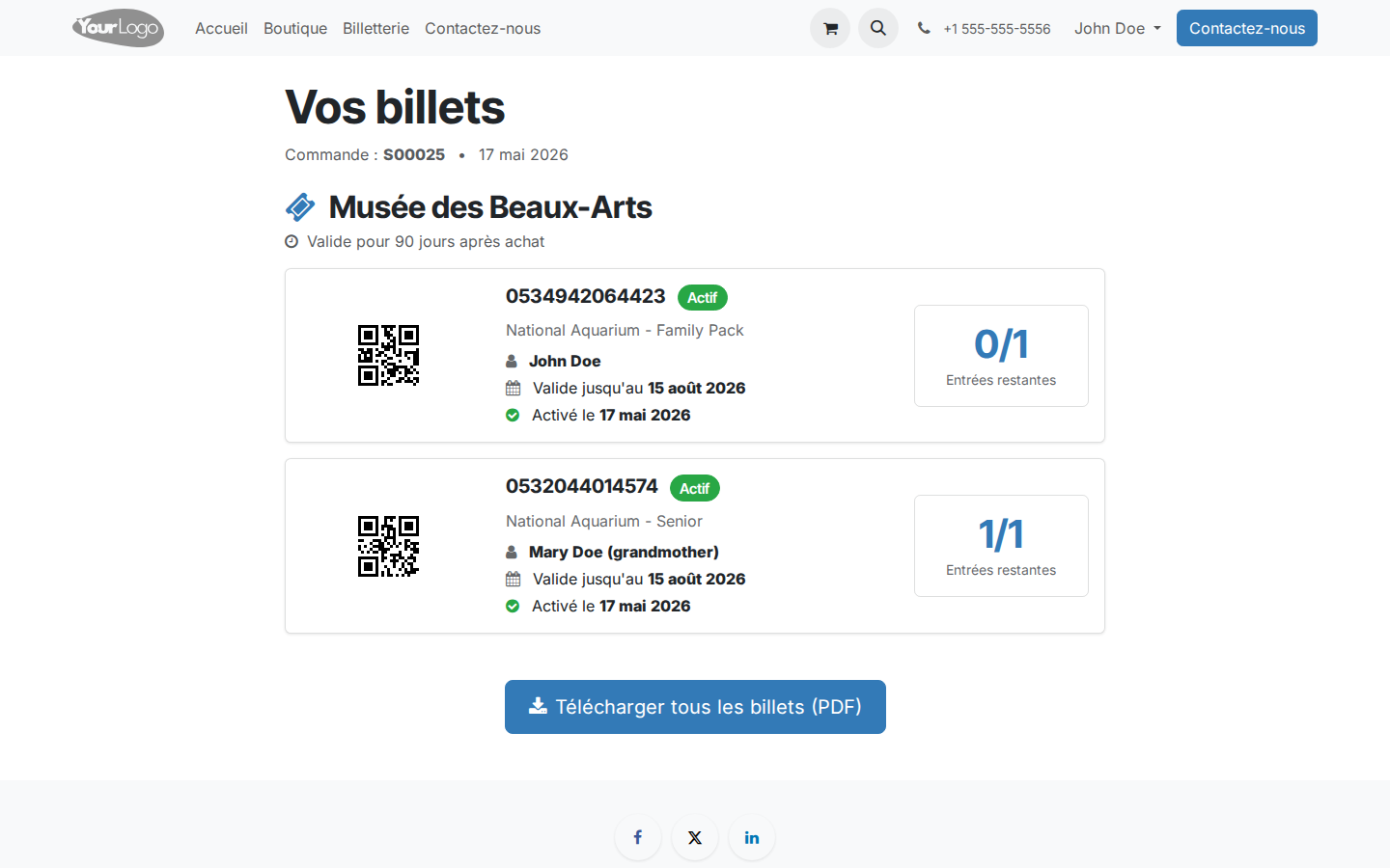 Page des billets avec les billets actifs